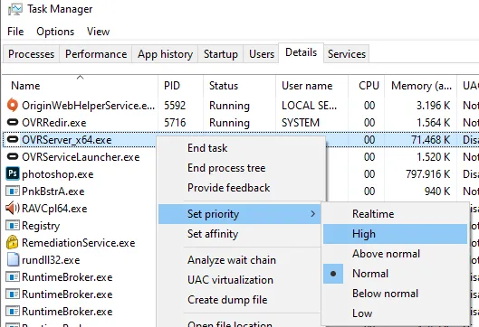 Set Meta Quest / Oculus process OVRServer_x64 priority to high